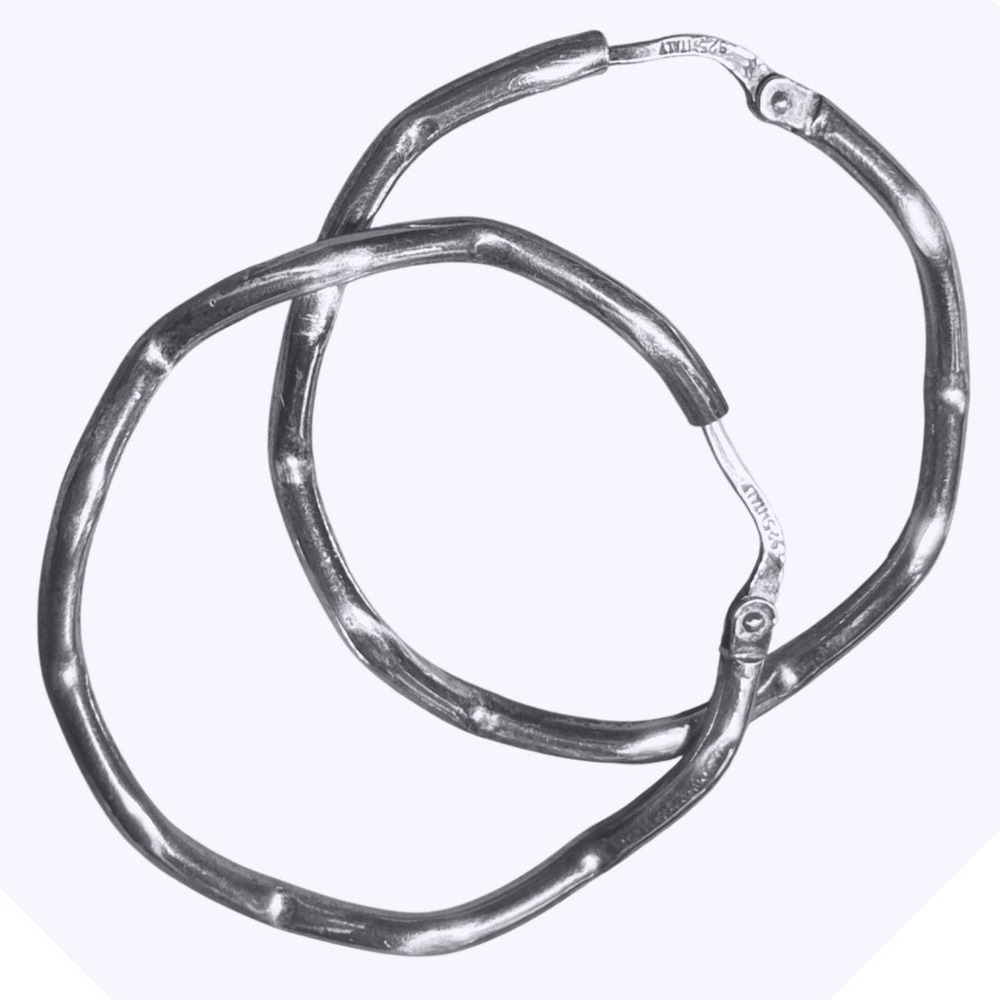 925 Italy Sterling Silver Bamboo Wavy Hoop Earrings 1.5 Inch Organic Textured